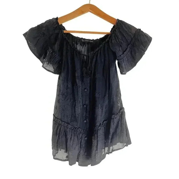 For Love & Lemons Black Sheer Floral Embroidered Peasant Blouse Women's Size M - Picture 1 of 8
